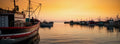 Kalk Bay fishing harbour at golden sunrise with boats moored in still glassy water and morning mist