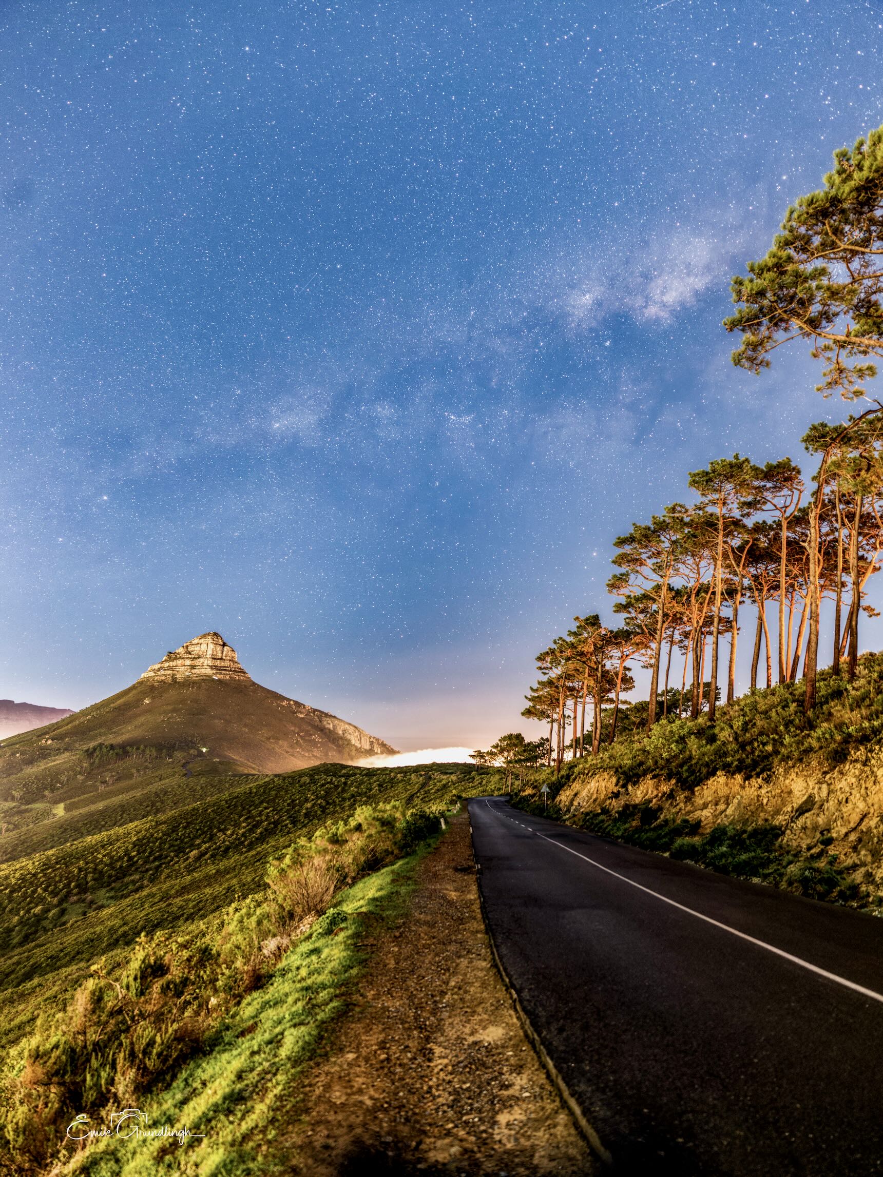 Winding mountain road leading toward Lion's Head under a spectacular Milky Way sky with pine trees lit by moonlight