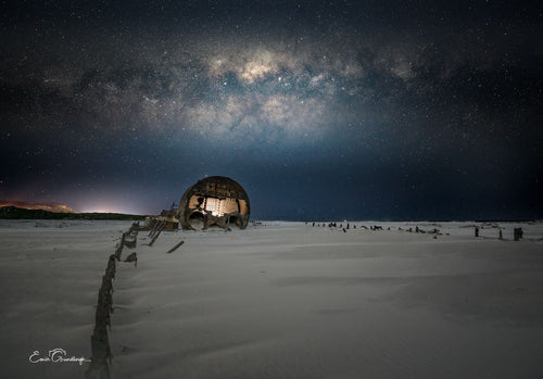 Wide angle view of SS Kakapo shipwreck on Noordhoek Beach under the Milky Way by Emile Grundlingh