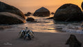 Group of African Penguins huddled together on Boulders Beach at golden sunset with granite boulders