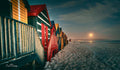 Muizenberg beach huts glowing warmly at night with a full moon rising over False Bay under a deep blue sky