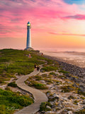 Winding wooden boardwalk leading through coastal fynbos to Slangkop Lighthouse at Kommetjie under a pink and amber sunset sky