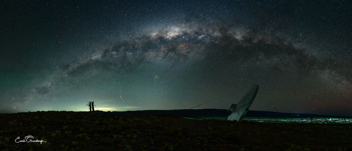 Panoramic Milky Way arch above the Tankwa Karoo pedestal at night, photographed by Emile Grundlingh.