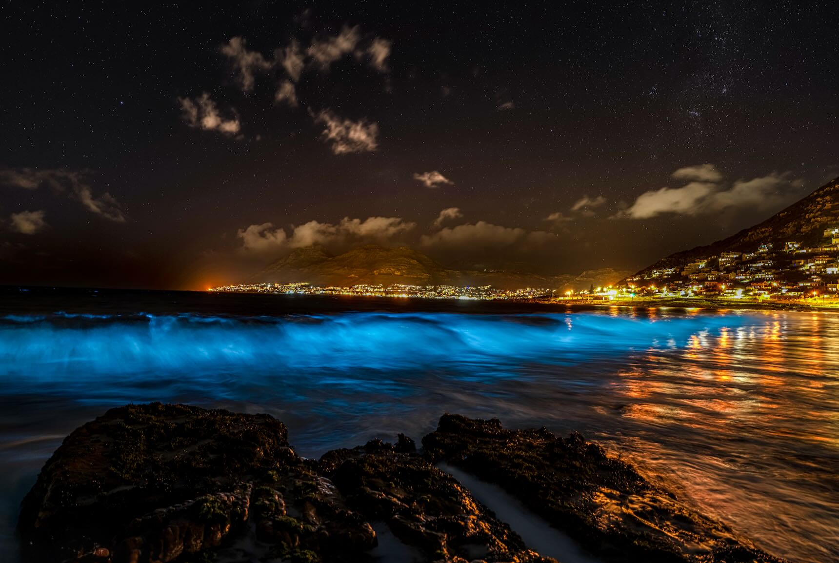 Electric blue bioluminescent waves breaking at Camps Bay beach at night with Cape Town city lights glowing gold in the background