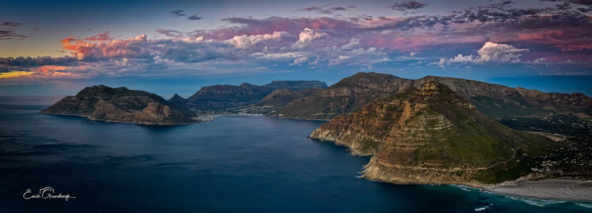 Grand aerial panorama of Noordhoek and Hout Bay with Sentinel and Chapman's Peak at sunset by Emile Grundlingh